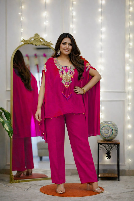 Royal Fuchsia Embroidered Kaftan Co-Ord Set
