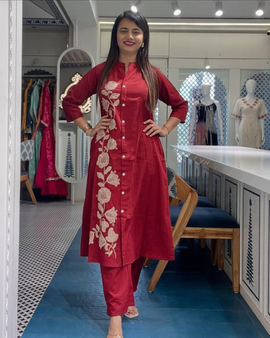 Embroidered Button-Down Cotton Kurta Pant Set