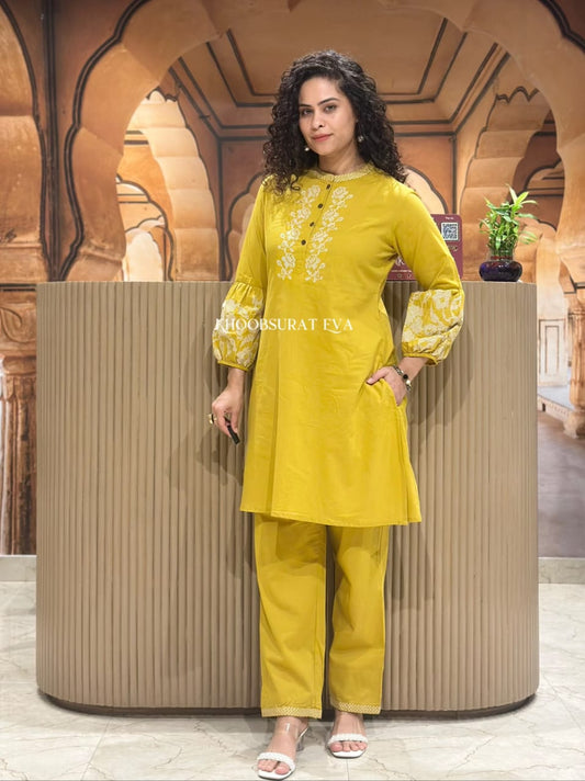 Mustard Bloom Embroidered Straight Kurta Set