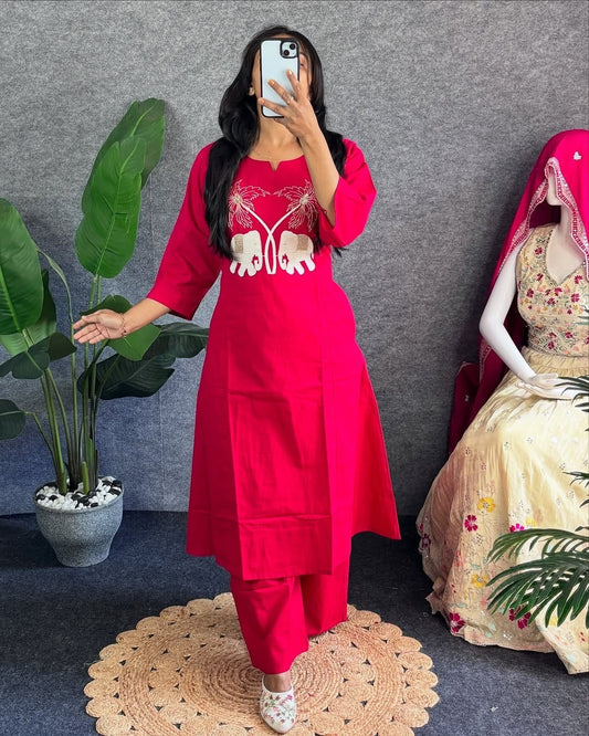Premium Cotton Elephant Embroidered Kurta Pant Set – Hot Pink