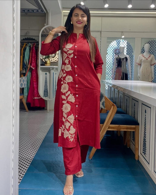 Embroidered Button-Down Cotton Kurta Pant Set