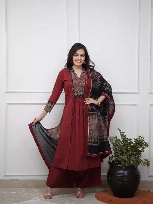 Maroon Printed Kurta Pant Set with Dupatta