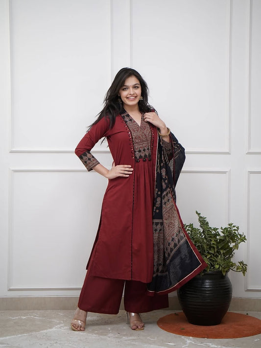 Maroon Printed Kurta Pant Set with Dupatta