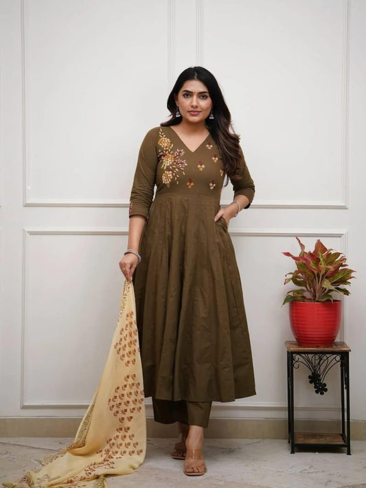 Floral Embroidered Cotton Kurti Set