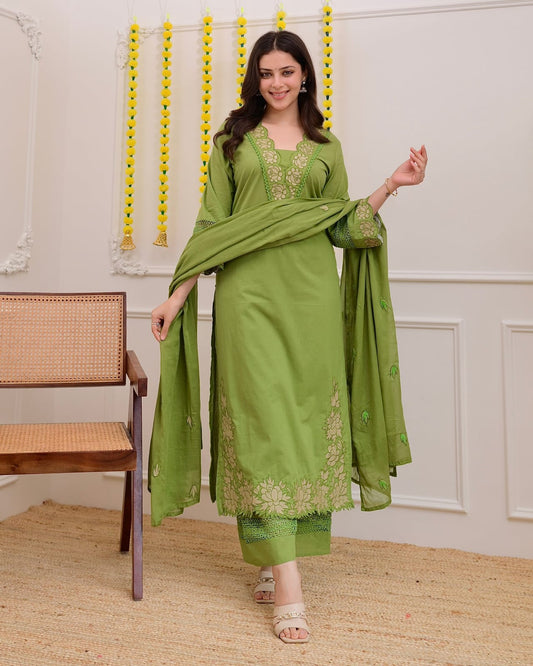 Olive Blossom Embroidered Straight Kurta Set