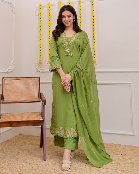 Olive Blossom Embroidered Straight Kurta Set