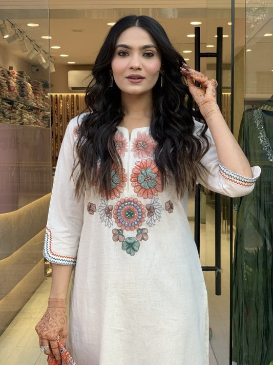 Ivory Bloom Hand-Embroidered Straight Kurta Set