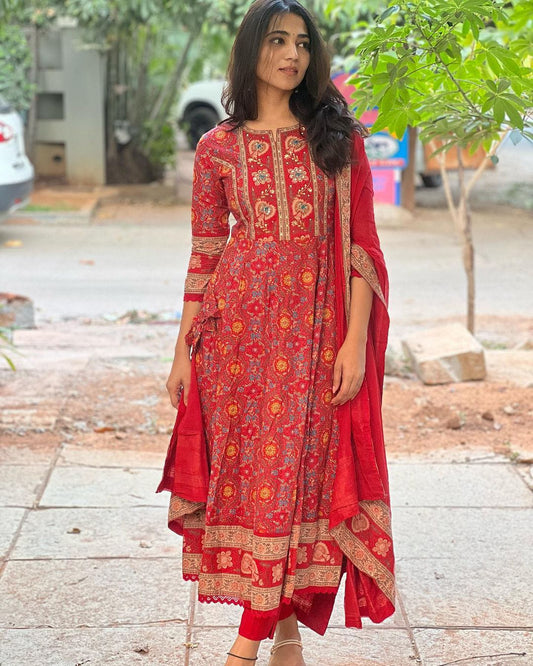 Red Ethnic Floral Printed Anarkali Kurta Set