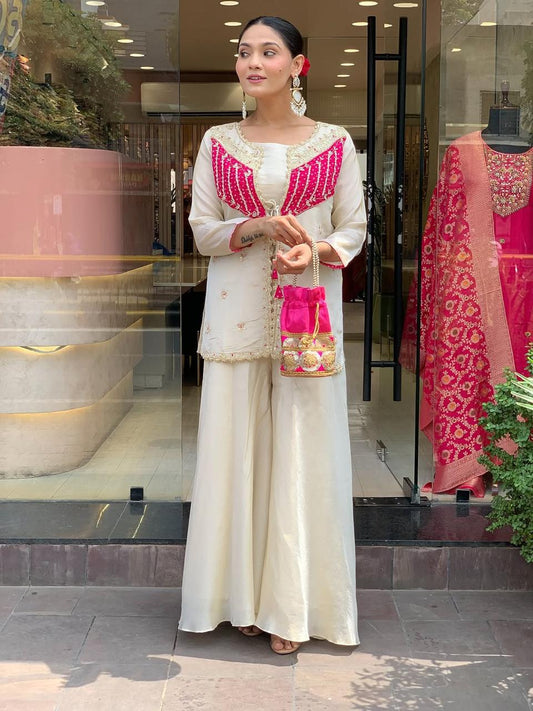 Ivory & Pink Embroidered Short Kurti With Palazzo Set