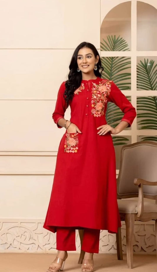 Floral Embroidered A-Line Cotton Kurta