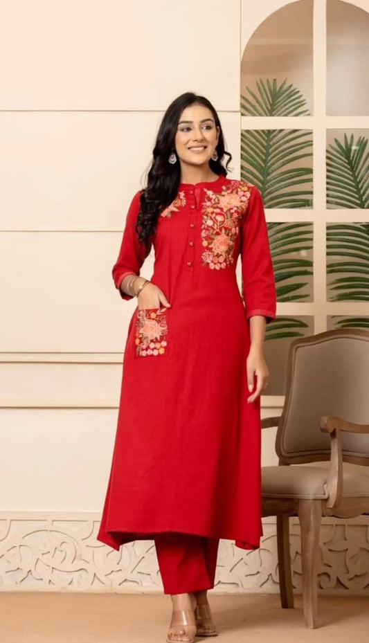 Floral Embroidered A-Line Cotton Kurta