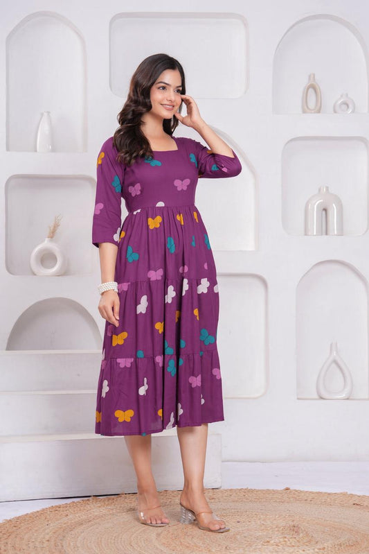 Purple Butterfly Printed Tiered Rayon Midi Dress
