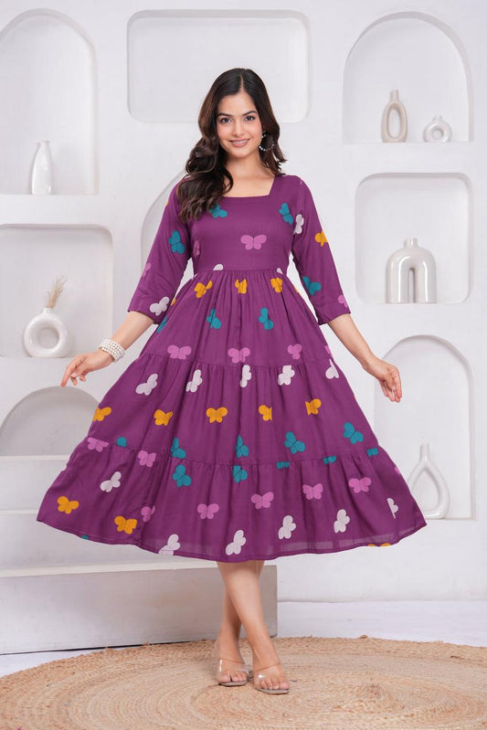 Purple Butterfly Printed Tiered Rayon Midi Dress
