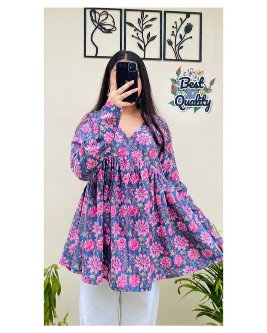 Floral Printed Flared Cotton Peplum Top