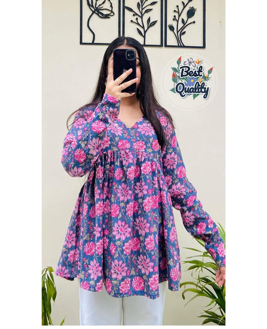 Floral Printed Flared Cotton Peplum Top