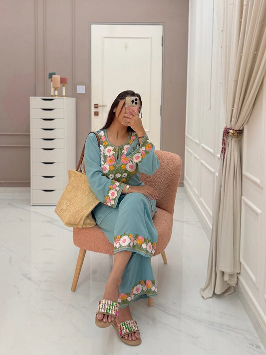 Aqua Green Floral Embroidered Cotton Kurta Set