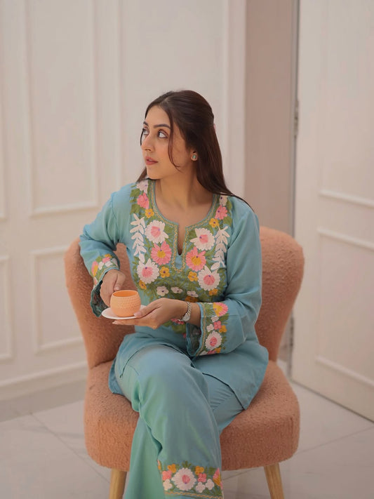 Aqua Green Floral Embroidered Cotton Kurta Set