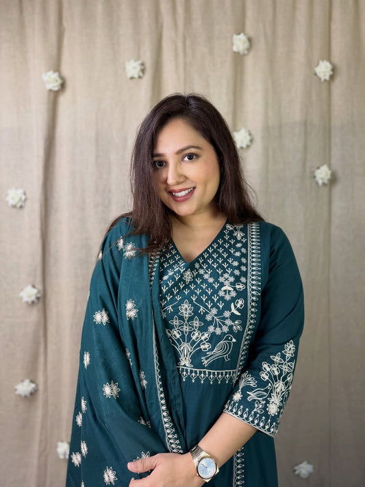 Premium Cotton Chikankari-Style Embroidered Kurta With Dupatta Set