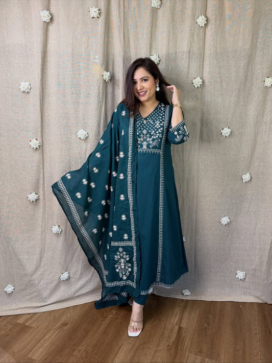 Premium Cotton Chikankari-Style Embroidered Kurta With Dupatta Set