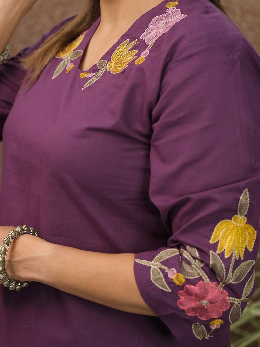 Premium Floral Embroidered Cotton Straight Kurta Set