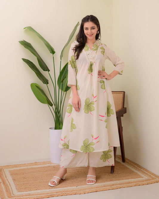 Soft Floral Printed Cotton A-Line Kurta Set