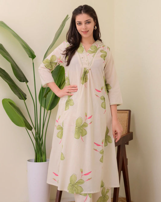 Soft Floral Printed Cotton A-Line Kurta Set