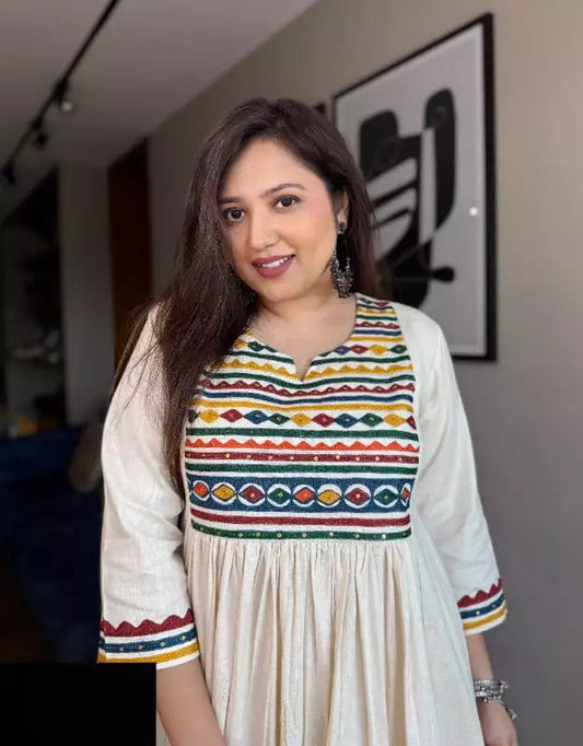 Ivory Cotton Embroidered Yoke Flared Kurta Set