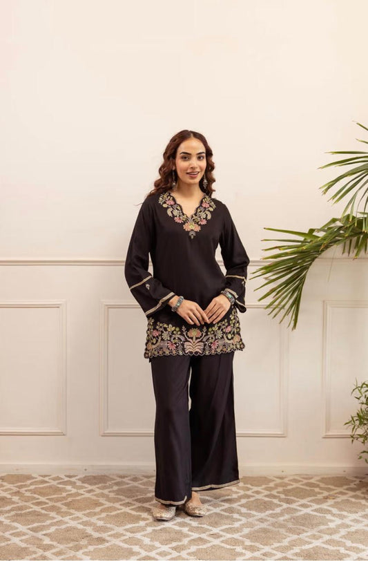 Premium Embroidered Cotton Straight Kurta With Palazzo Set