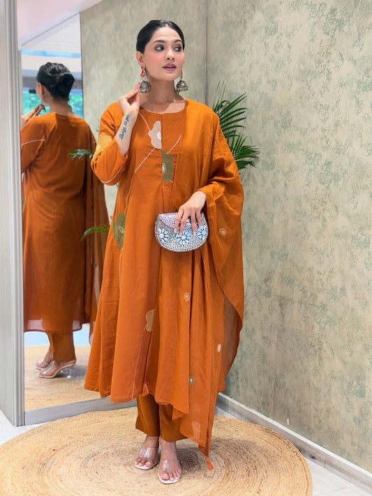 Rust Orange Abstract Floral Printed Cotton Kurta