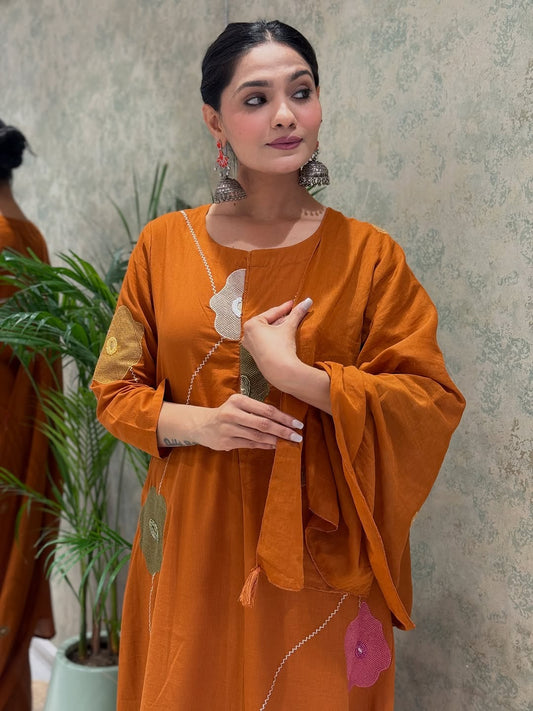Rust Orange Abstract Floral Printed Cotton Kurta